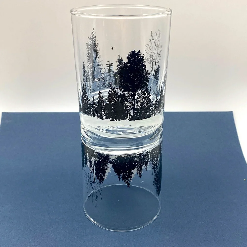 Screen Printed Forest Landscape With Trees Birds Design Glass Whiskey Glasses